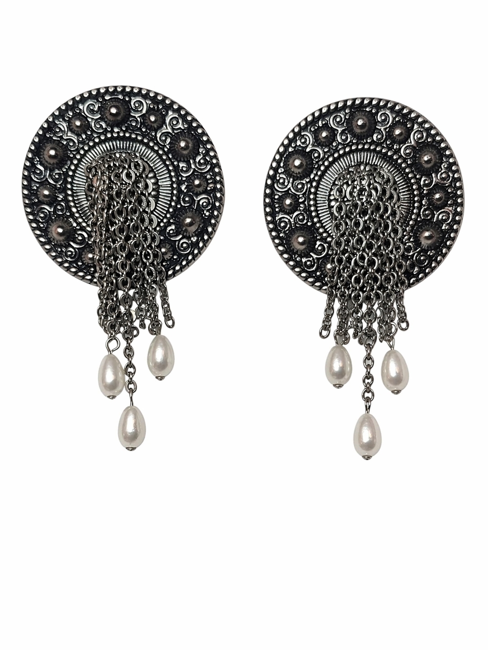 Silver Tone Medallion Chain Fringe Earrings Faux Pearl Boho Statement